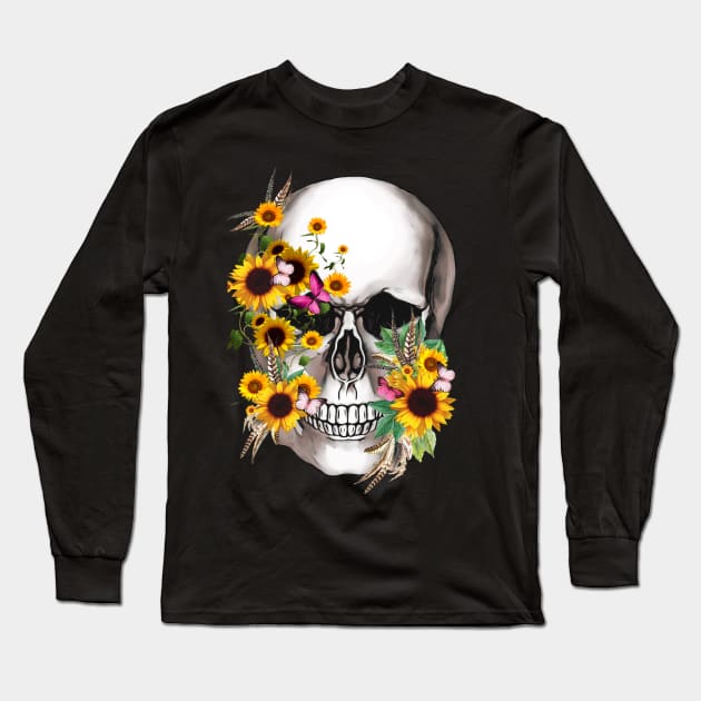 Floral Skull sunflowers and butterflies Long Sleeve T-Shirt by Collagedream